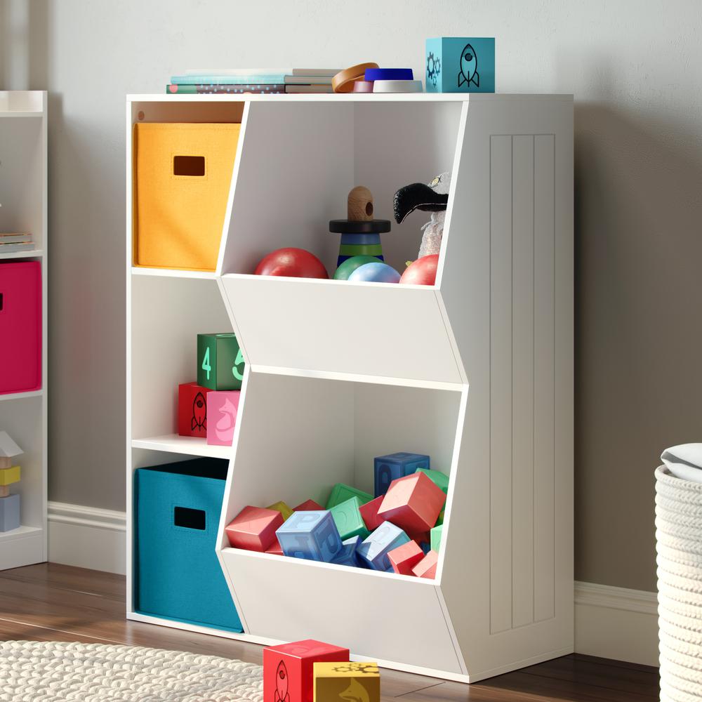 Kids 3-Cubby, 2-Veggie Bin Floor Cabinet, White. Picture 1