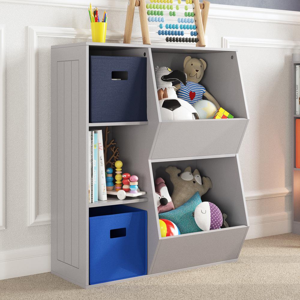 Kids 3-Cubby, 2-Veggie Bin Floor Cabinet, Gray. Picture 2