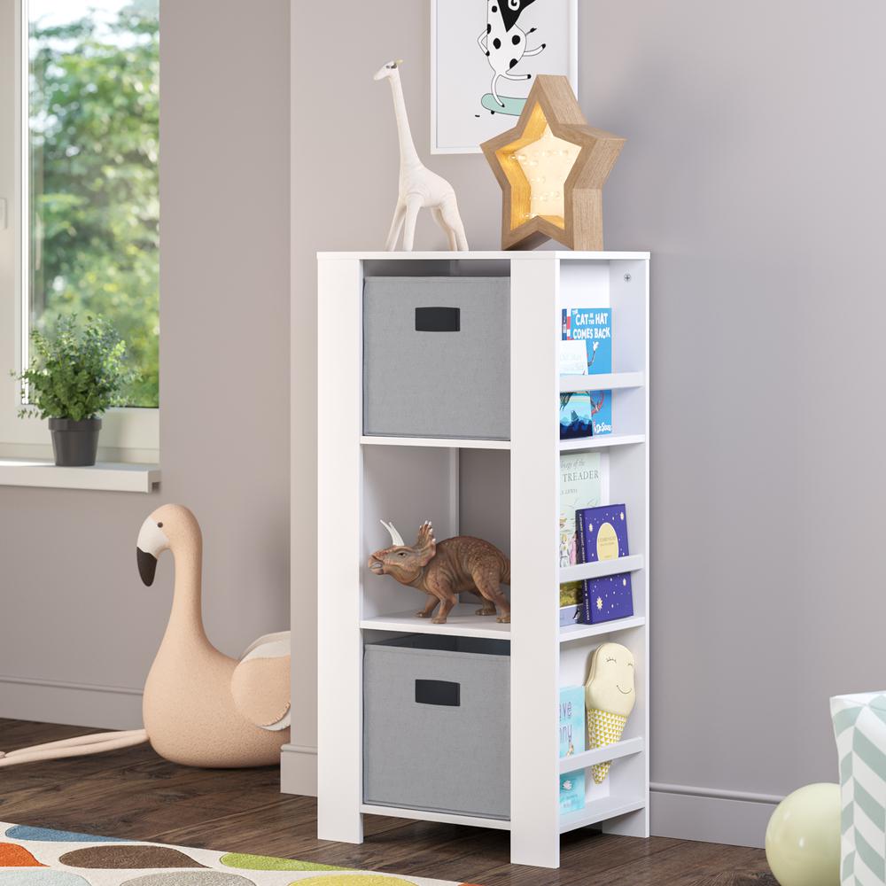 Book Nook Kids Cubby Storage Tower with Bookshelves and 2pc Bin, Gray. Picture 1