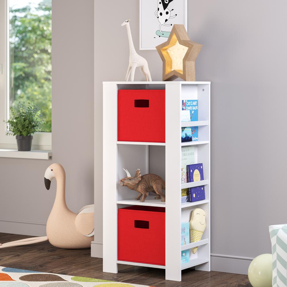 Book Nook Kids Cubby Storage Tower with Bookshelves and 2pc Bin, Red. Picture 1