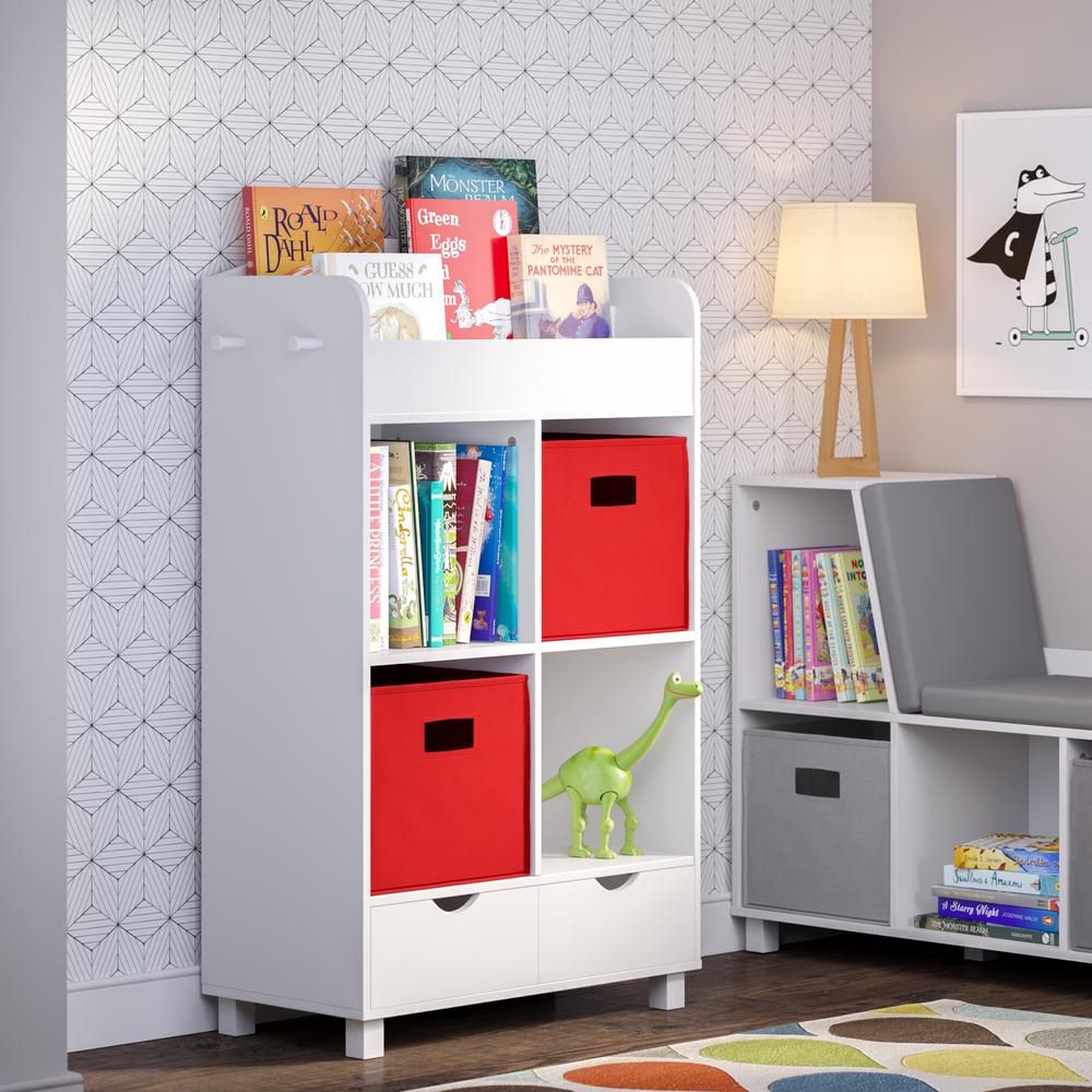 Book Nook Kids Cubby Storage Cabinet with Bookrack and 2pc Bin, Red. Picture 1