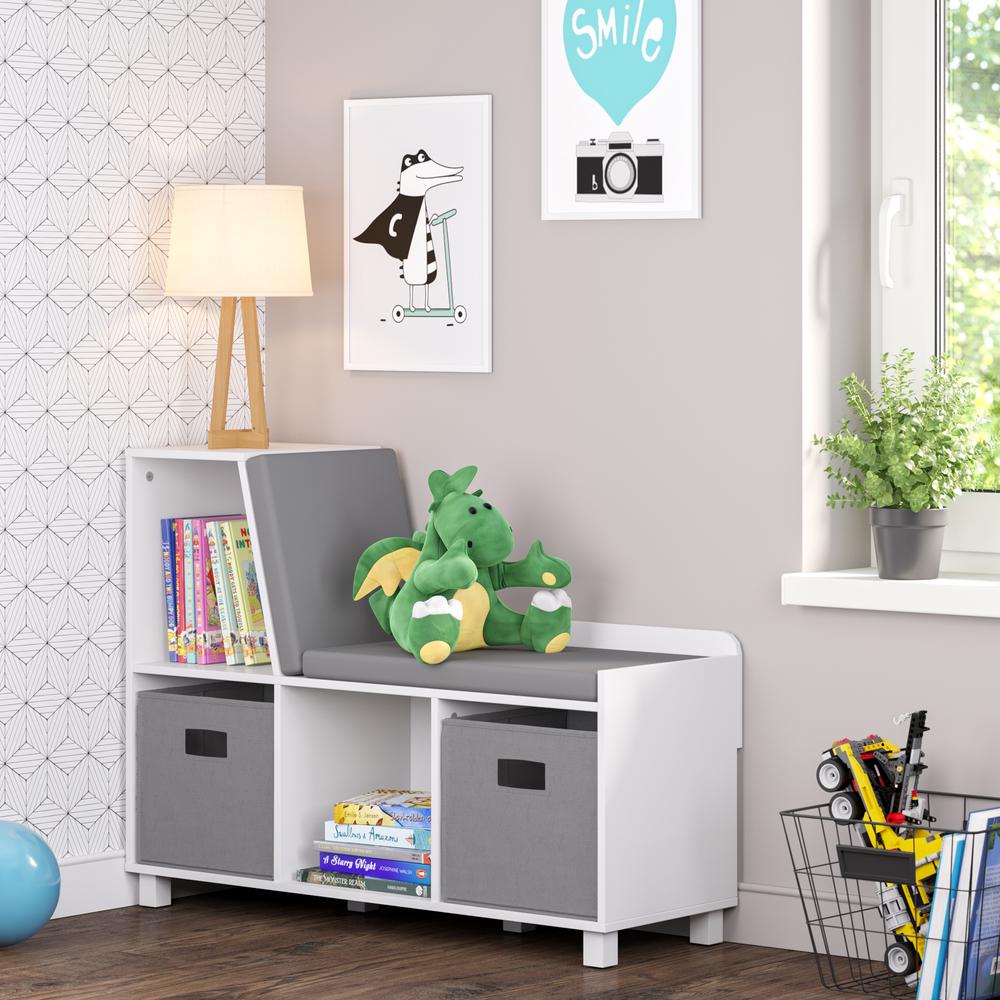 Book Nook Kids Storage Bench with Cubbies and 2pc Bin, Gray. Picture 1