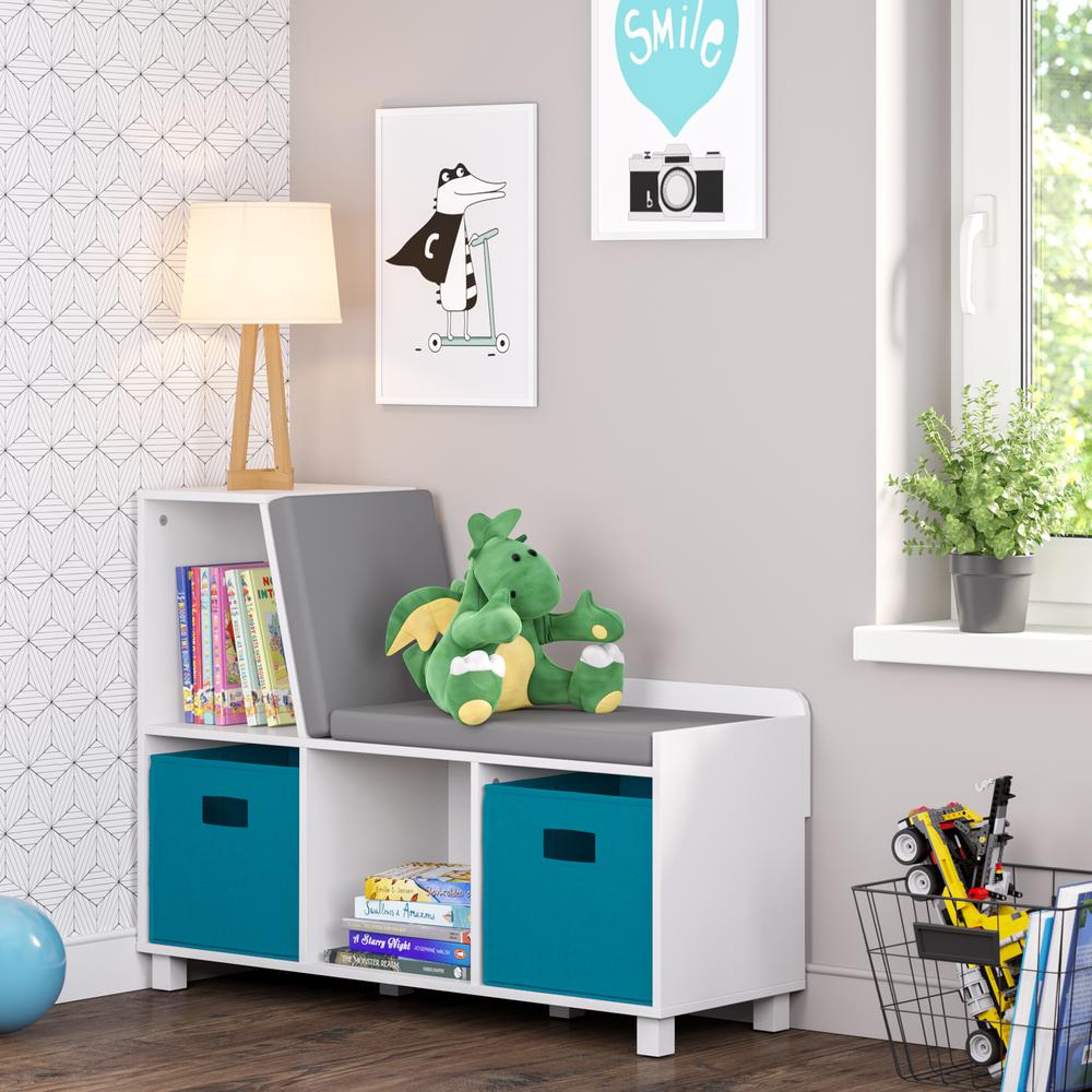 Book Nook Kids Storage Bench with Cubbies and 2pc Bin, Turquoise. Picture 2