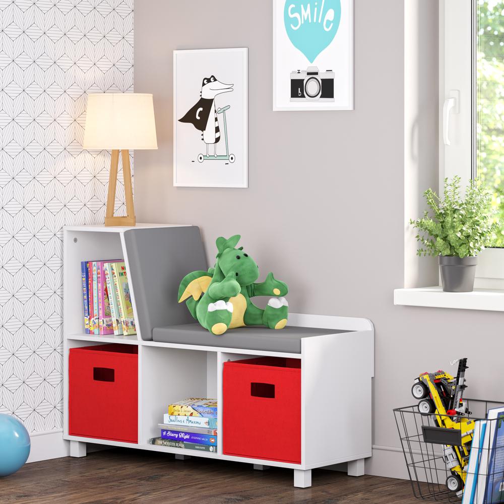 Book Nook Kids Storage Bench with Cubbies and 2pc Bin, Red. Picture 2