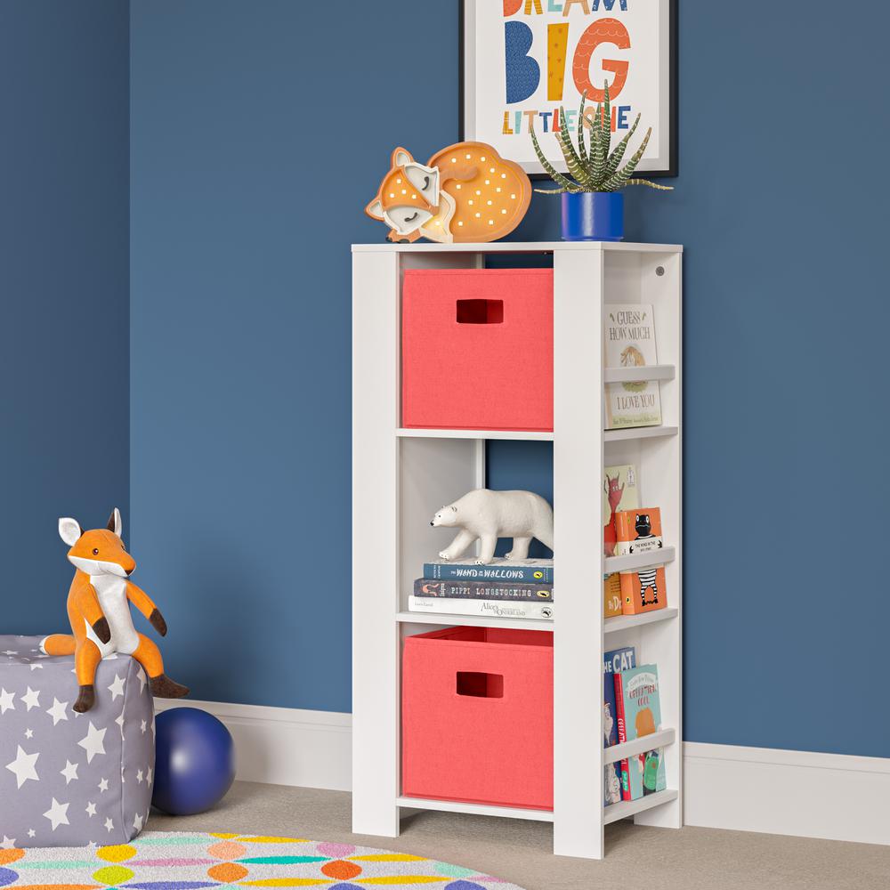 Book Nook Kids Cubby Storage Tower with Bookshelves and 2 Pc Bin, Coral. Picture 1