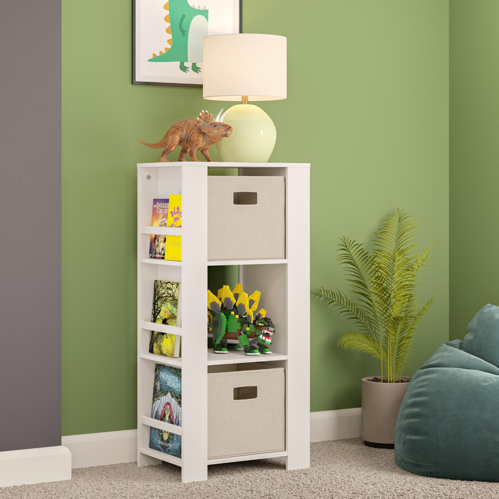Book Nook Kids Cubby Storage Tower with Bookshelves and 2 Pc Bin, Taupe. Picture 2