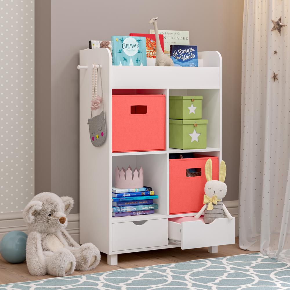 Book Nook Kids Cubby Storage Cabinet with Bookrack and 2 Pc Bin, Coral. Picture 2