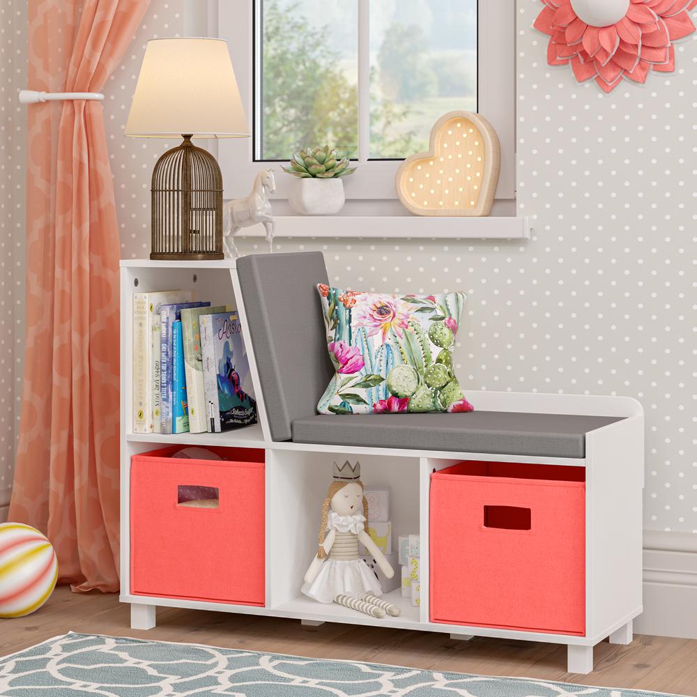 Book Nook Kids Storage Bench with Cubbies and 2pc Bin, Coral. Picture 2