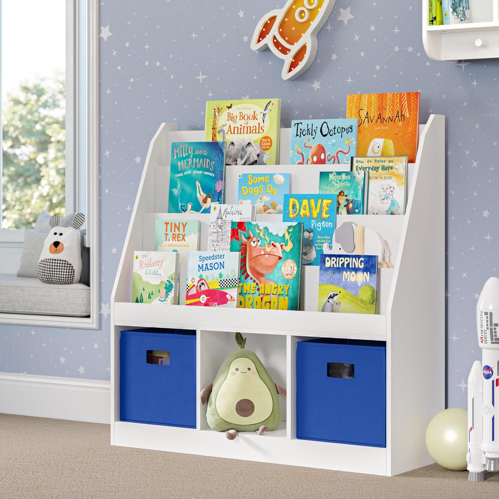 Kids Bookrack with Three Cubbies and 2 Blue Bins. Picture 2
