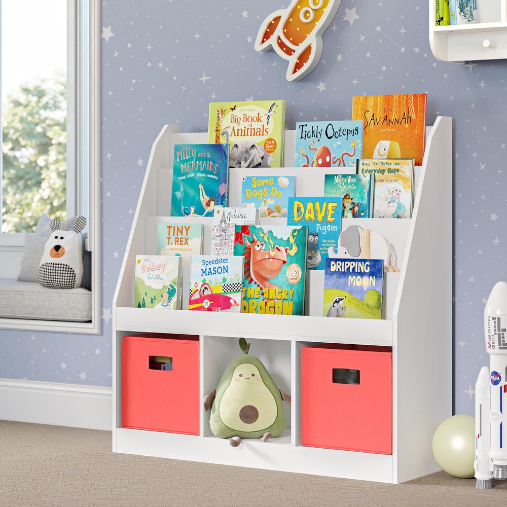 Kids Bookrack with Three Cubbies and 2 Coral Bins. Picture 2