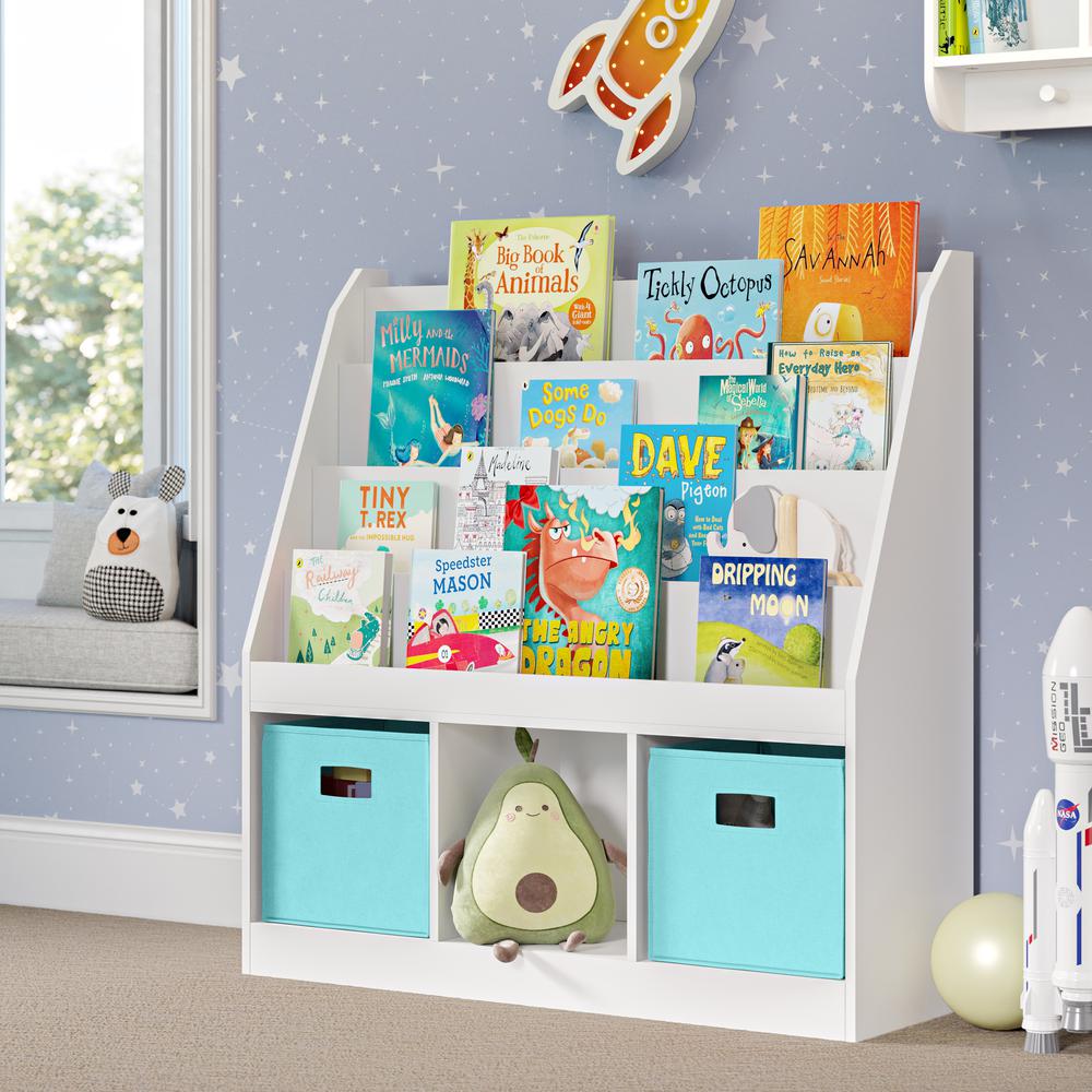 Kids Bookrack with Three Cubbies and 2 Aqua Bins. Picture 2
