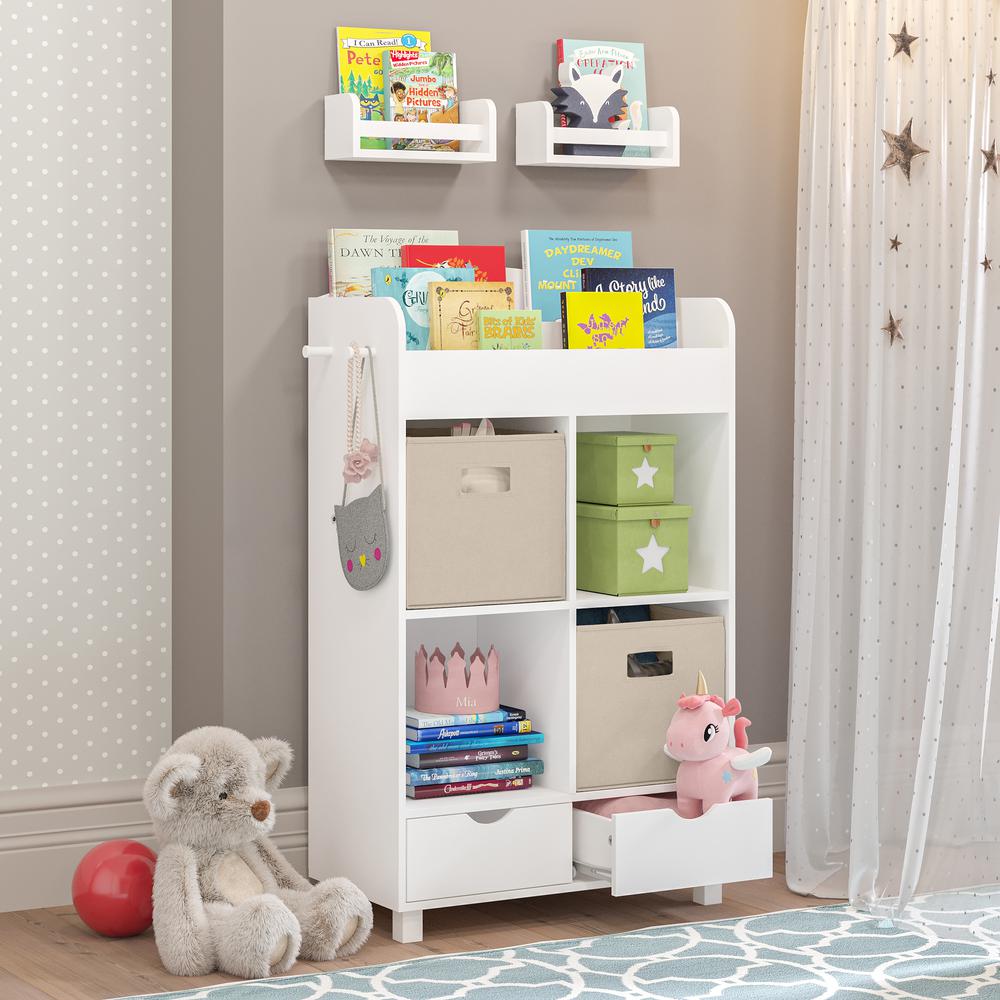 Book Nook Kids Multi-Cubby Storage Cabinet w Bookrack, 2-Pack of 10" Bookshelves. Picture 1