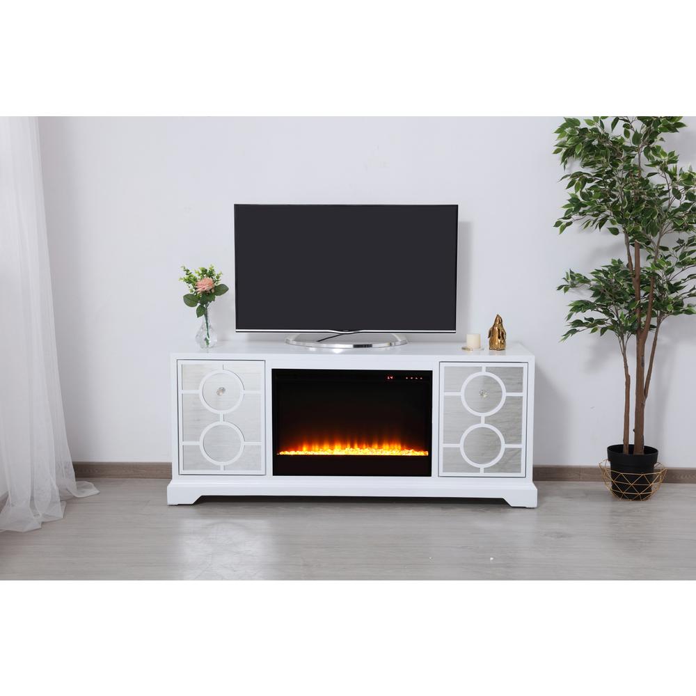 60 In. Mirrored Tv Stand With Crystal Fireplace Insert In White. Picture 10