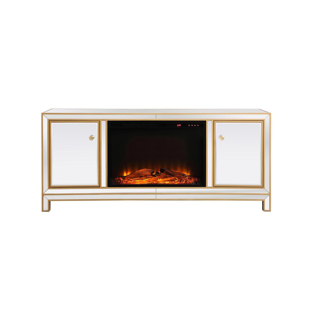 Reflexion 60 In. Mirrored Tv Stand With Wood Fireplace In Gold. Picture 1