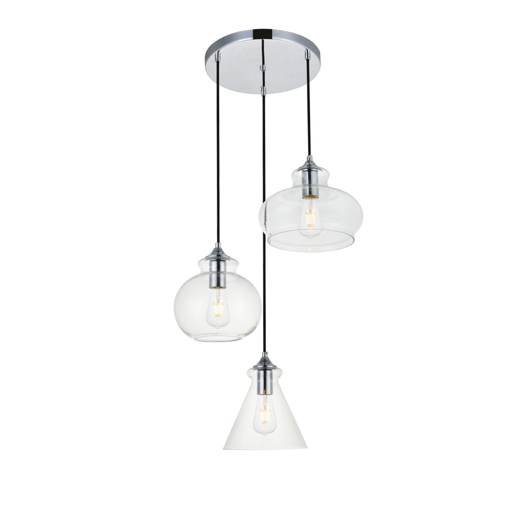 Destry 3 Lights Chrome Pendant With Clear Glass. Picture 1