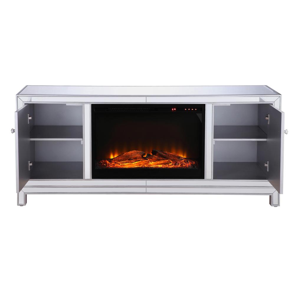 60 In. Mirrored Tv Stand With Wood Fireplace Insert In Antique Silver. Picture 7