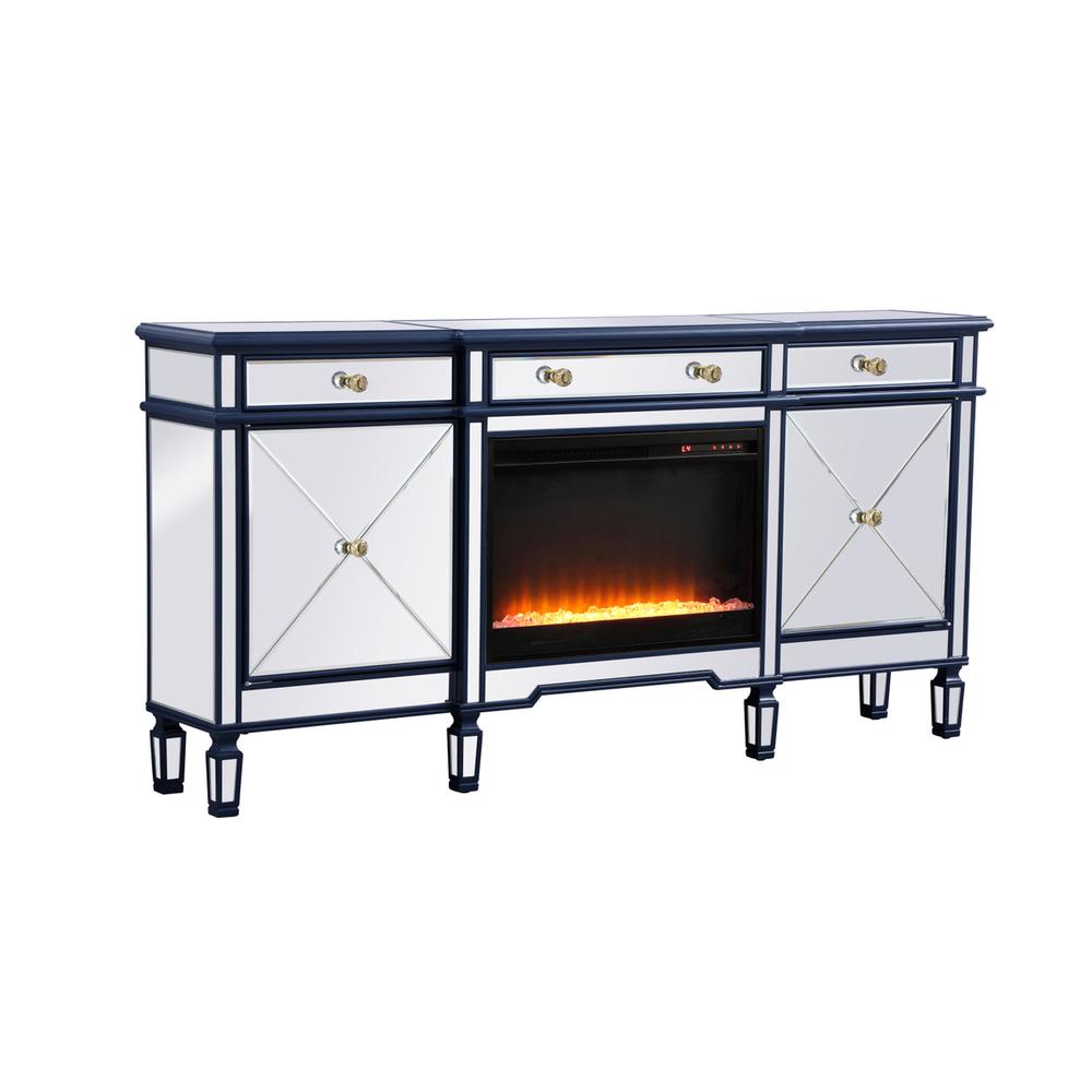 Contempo 72 In. Mirrored Credenza With Crystal Fireplace In Blue. Picture 4