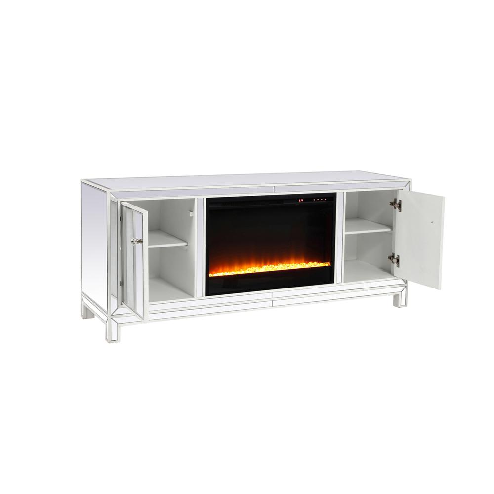60 In. Mirrored Tv Stand With Crystal Fireplace Insert In White. Picture 4