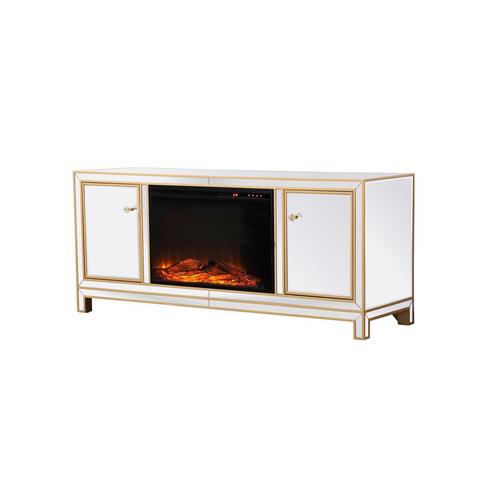 Reflexion 60 In. Mirrored Tv Stand With Wood Fireplace In Gold. Picture 5