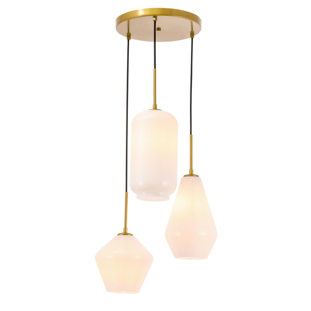 Gene 3 Light Brass And Frosted White Glass Pendant. Picture 3