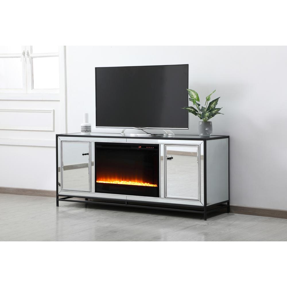 James 60 In. Mirrored Tv Stand With Crystal Fireplace In Black. Picture 2