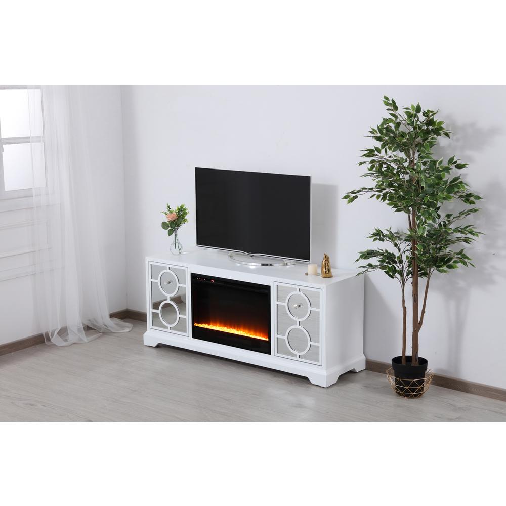 60 In. Mirrored Tv Stand With Crystal Fireplace Insert In White. Picture 3