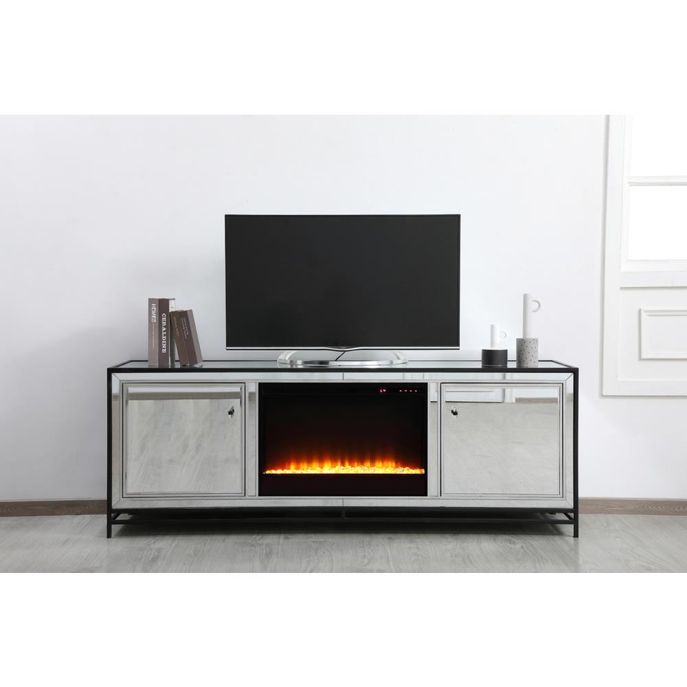 James 72 In. Mirrored Tv Stand With Crystal Fireplace In Black. Picture 13