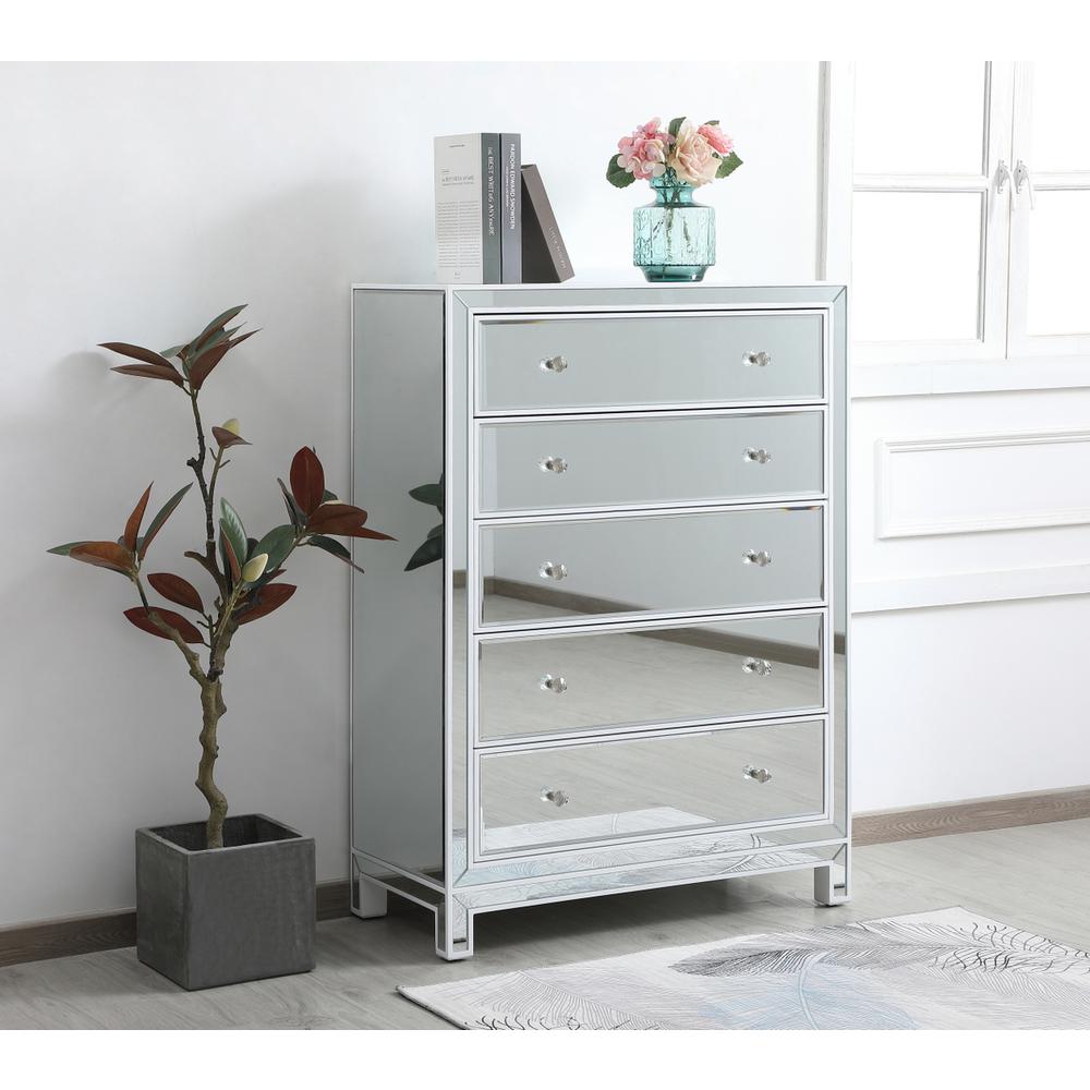 34 Inch Mirrored Five Drawer Cabinet In White. Picture 2