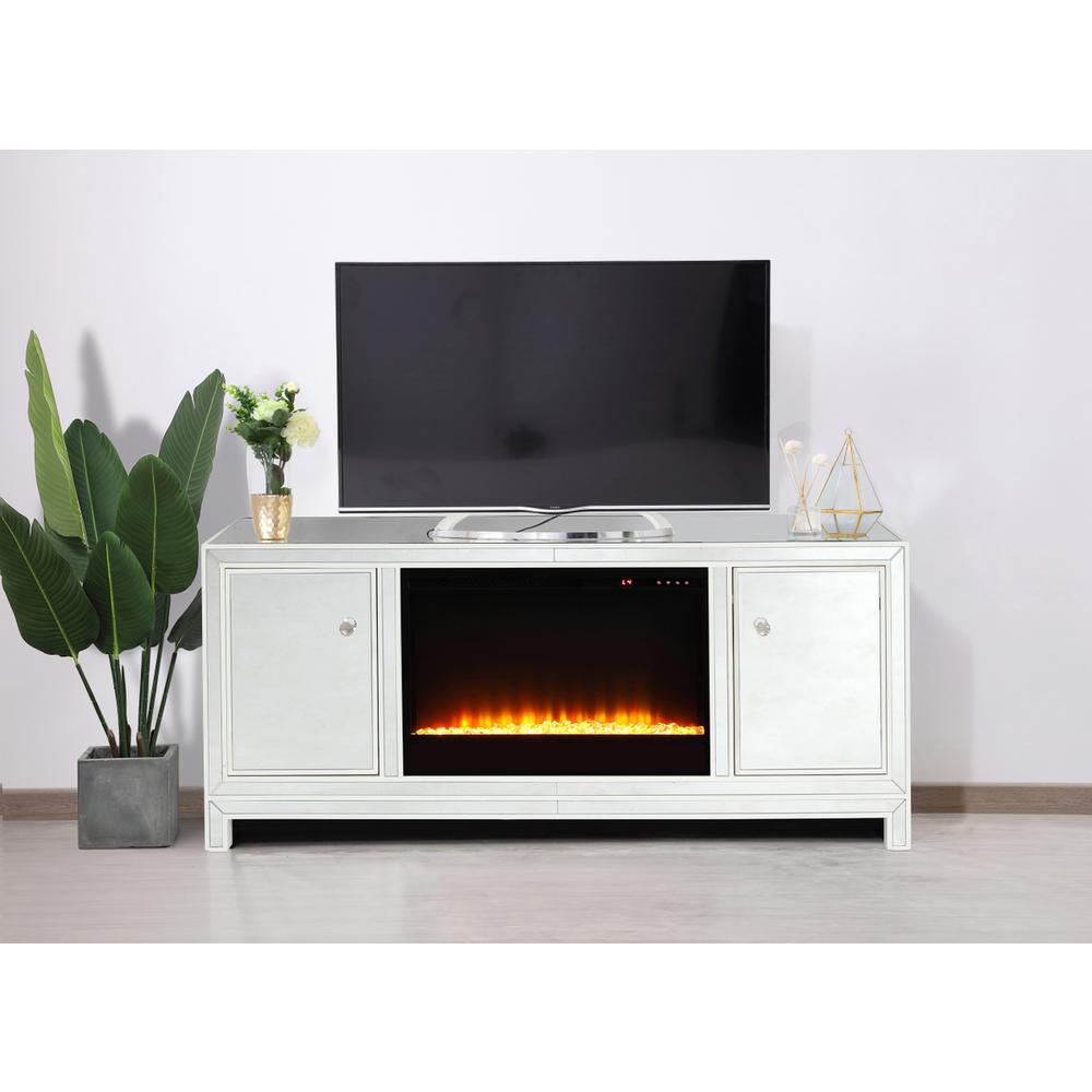 60 In. Mirrored Tv Stand With Crystal Fireplace Insert In White. Picture 9
