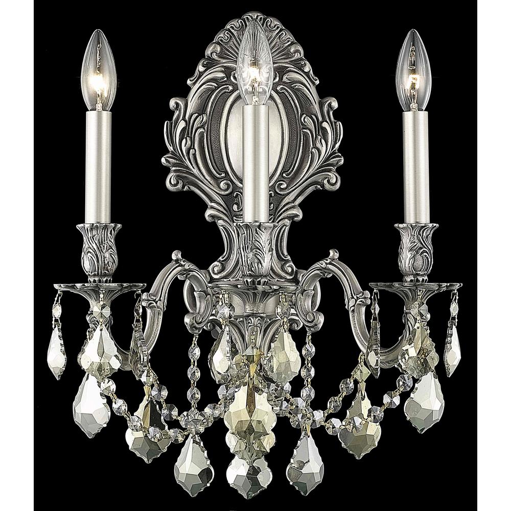 Monarch 3 Light Pewter Wall Sconce Golden Teak (Smoky) Royal Cut Crystal. Picture 1