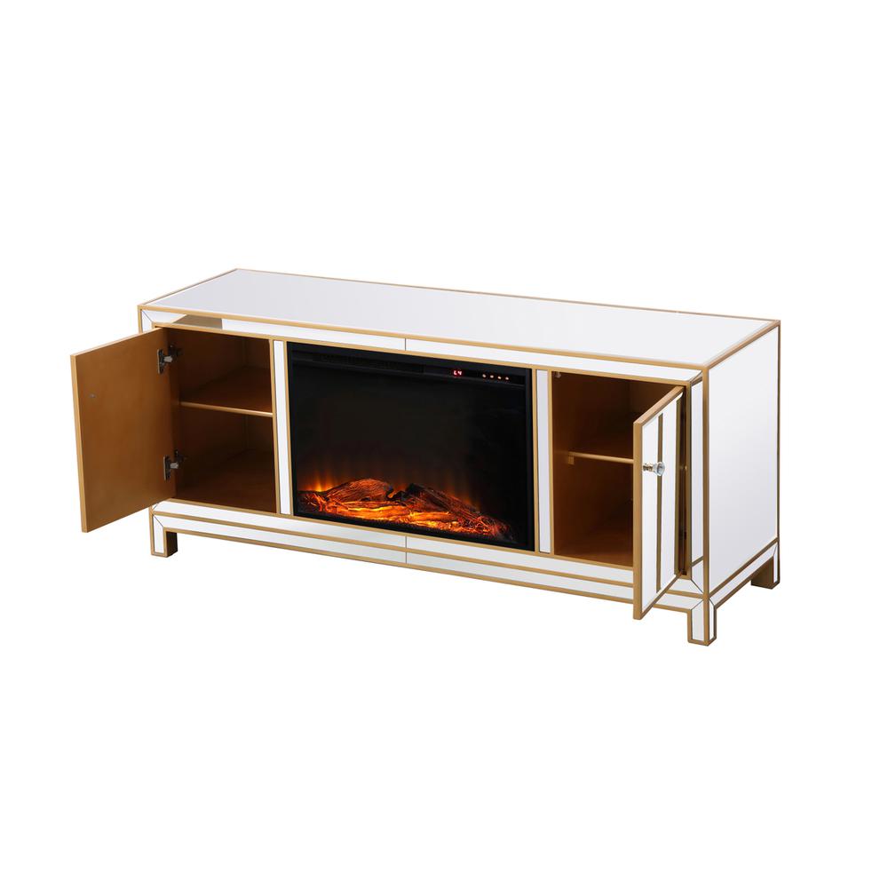 Reflexion 60 In. Mirrored Tv Stand With Wood Fireplace In Gold. Picture 8