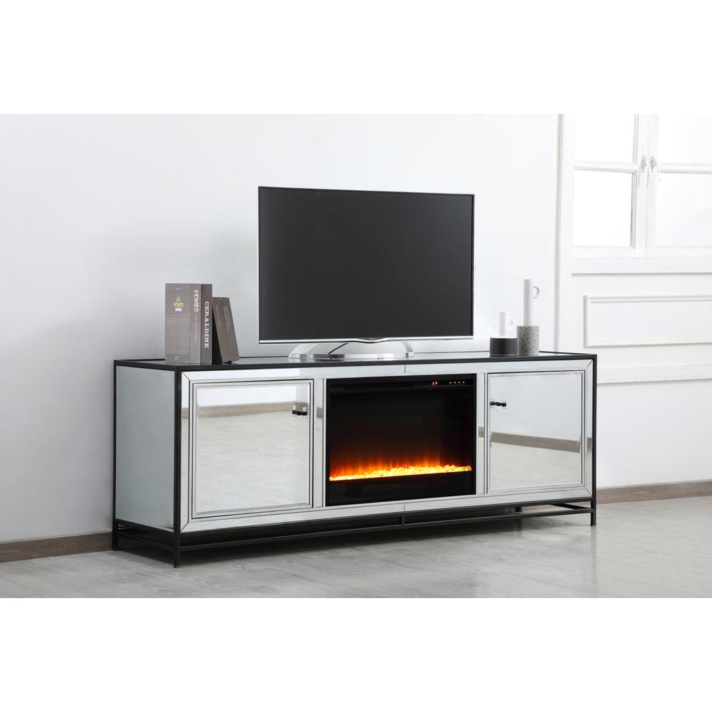James 72 In. Mirrored Tv Stand With Crystal Fireplace In Black. Picture 2