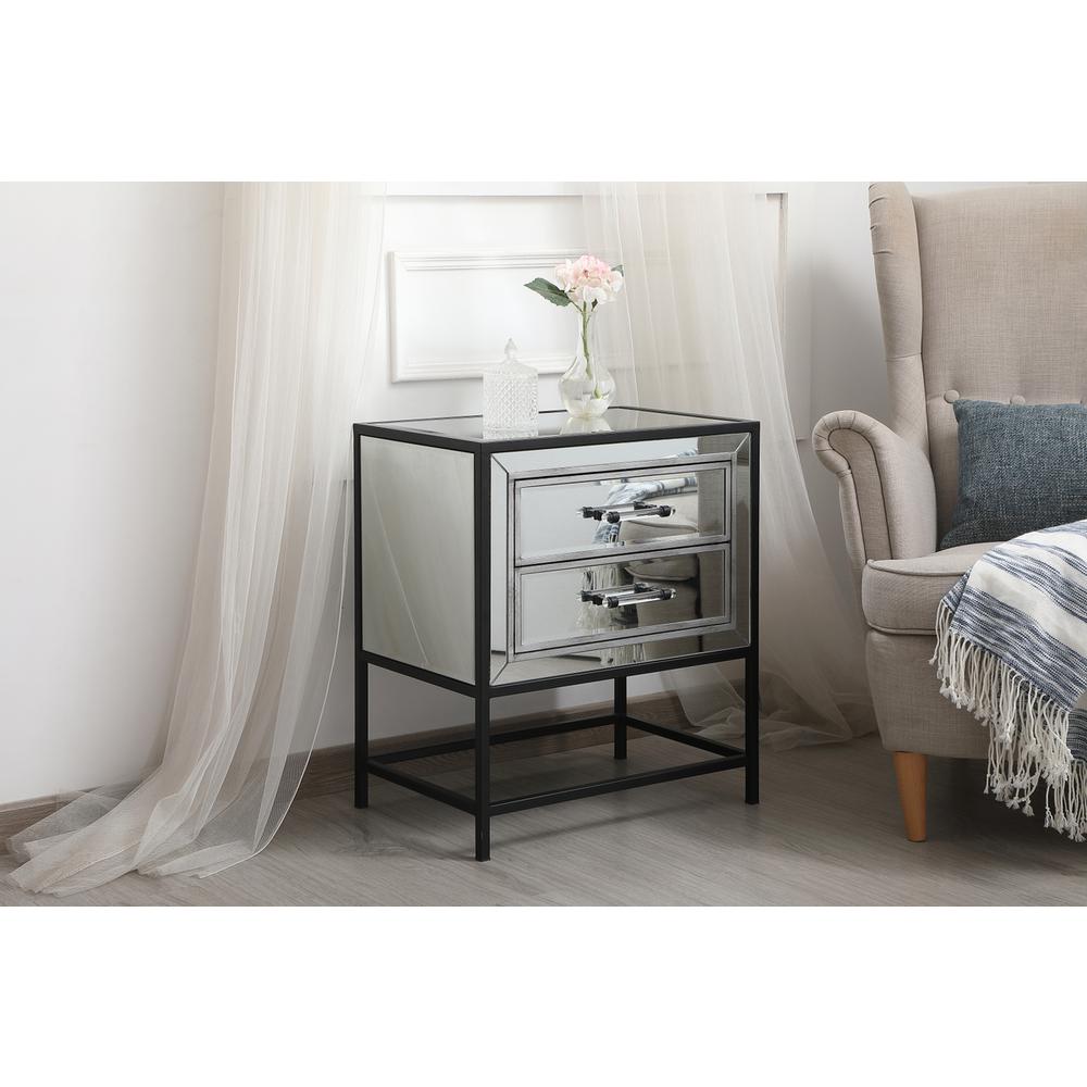 21 Inch Mirrored Two Drawers End Table In Black. Picture 2