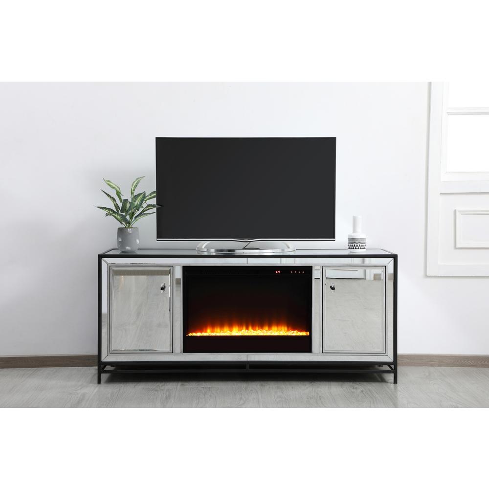 James 60 In. Mirrored Tv Stand With Crystal Fireplace In Black. Picture 13