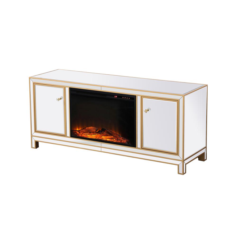 Reflexion 60 In. Mirrored Tv Stand With Wood Fireplace In Gold. Picture 7