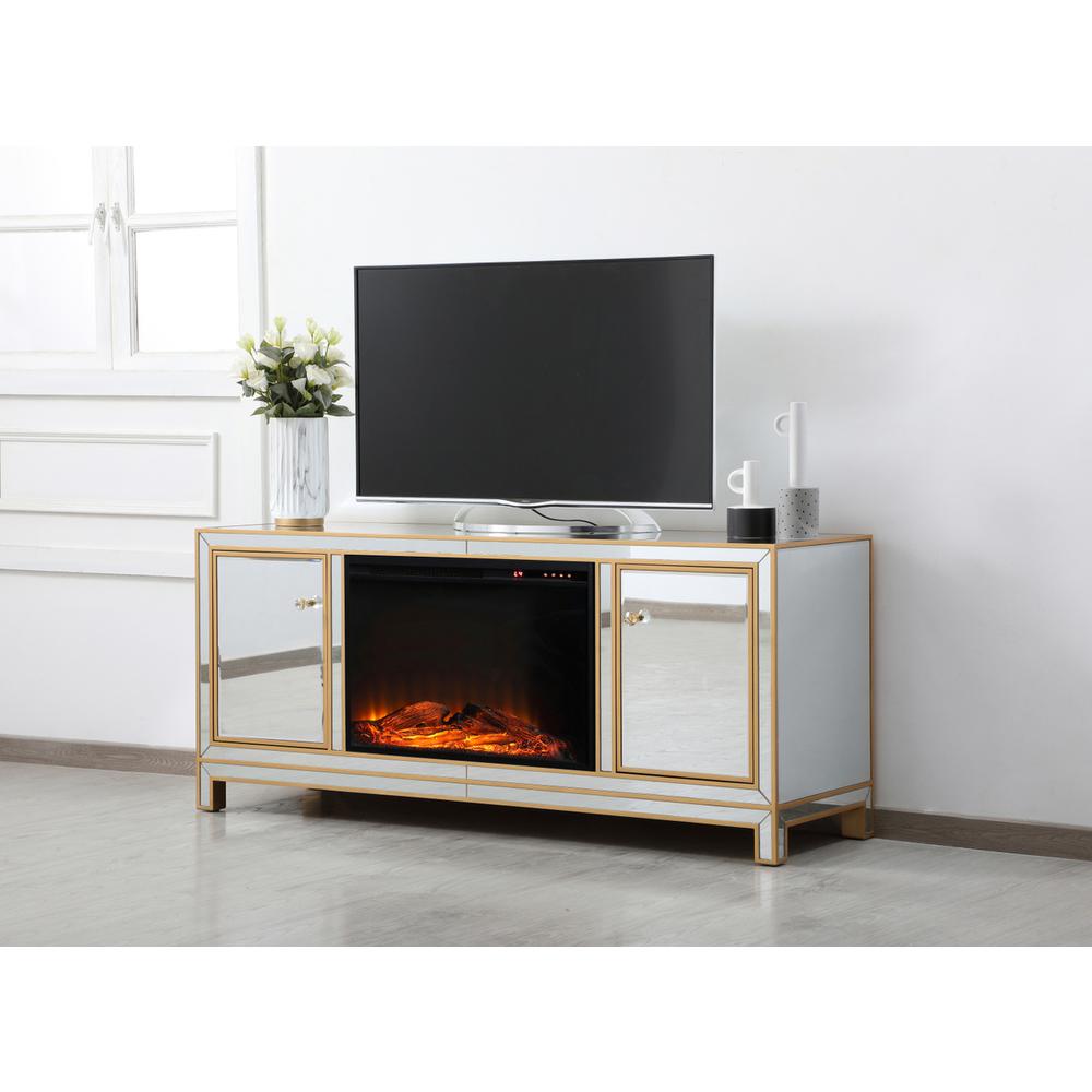 Reflexion 60 In. Mirrored Tv Stand With Wood Fireplace In Gold. Picture 2