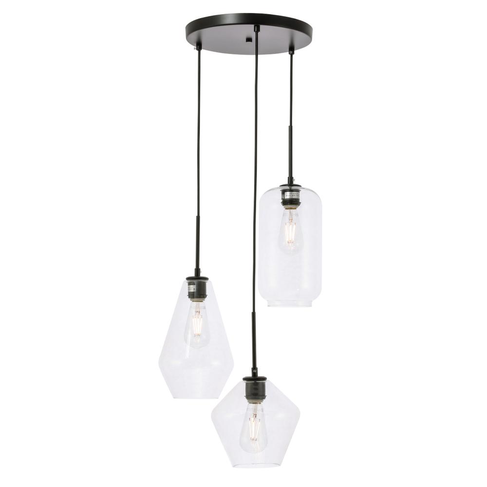 Gene 3 Light Black And Clear Glass Pendant. Picture 1
