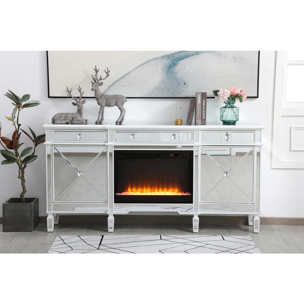 Contempo 72 In. Mirrored Credenza With Crystal Fireplace In Antique White. Picture 10