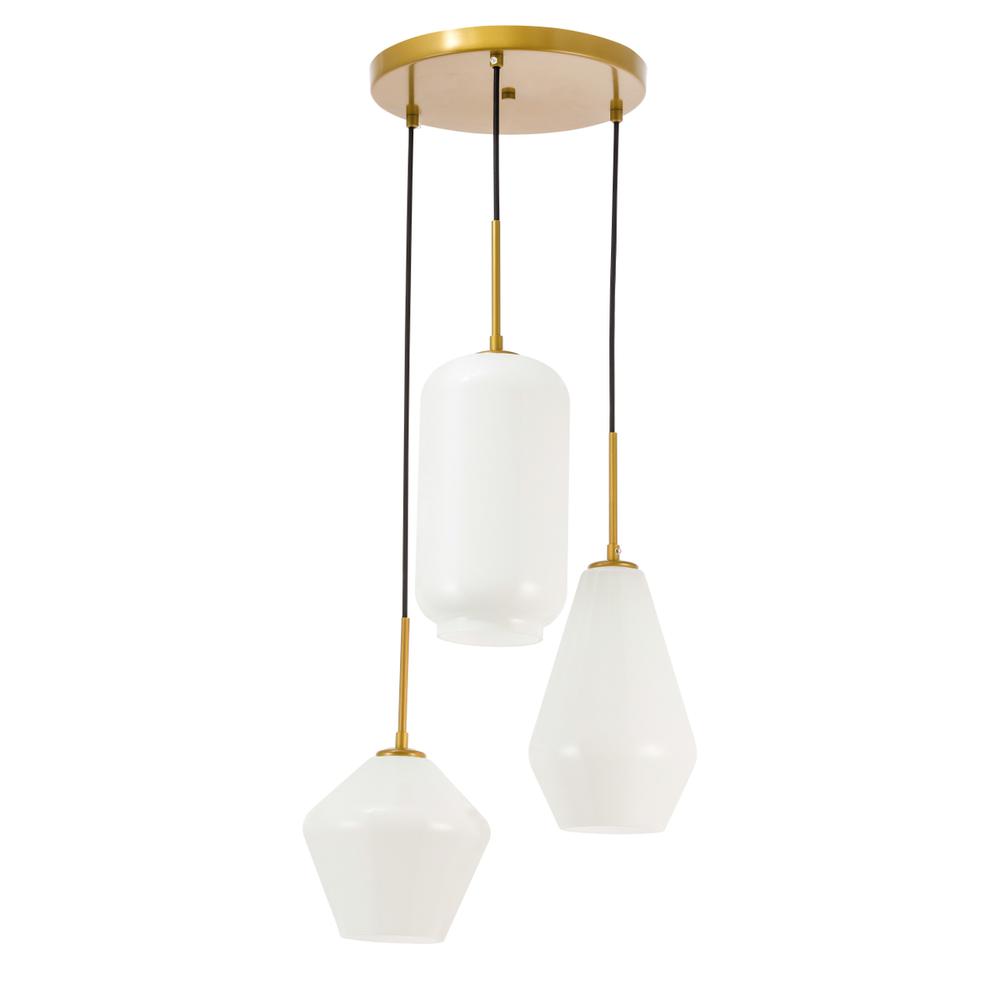 Gene 3 Light Brass And Frosted White Glass Pendant. Picture 4