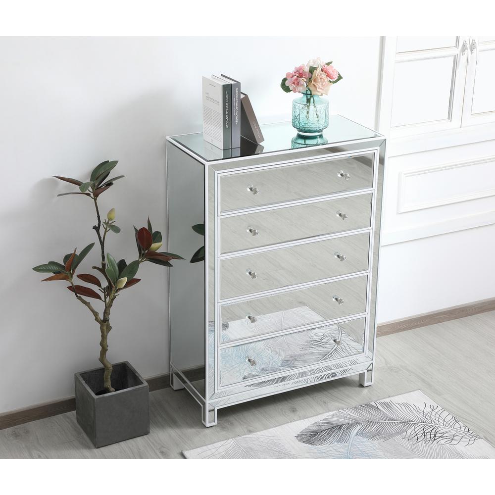 34 Inch Mirrored Five Drawer Cabinet In White. Picture 3