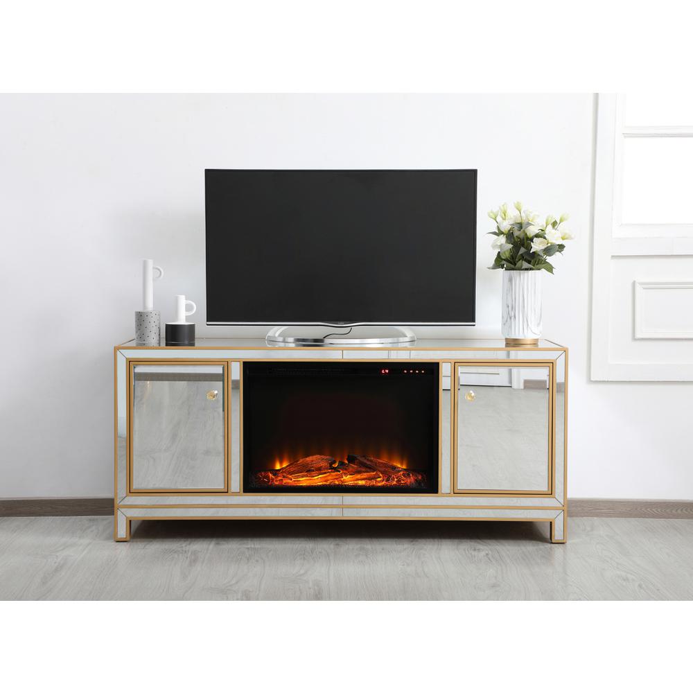 Reflexion 60 In. Mirrored Tv Stand With Wood Fireplace In Gold. Picture 13