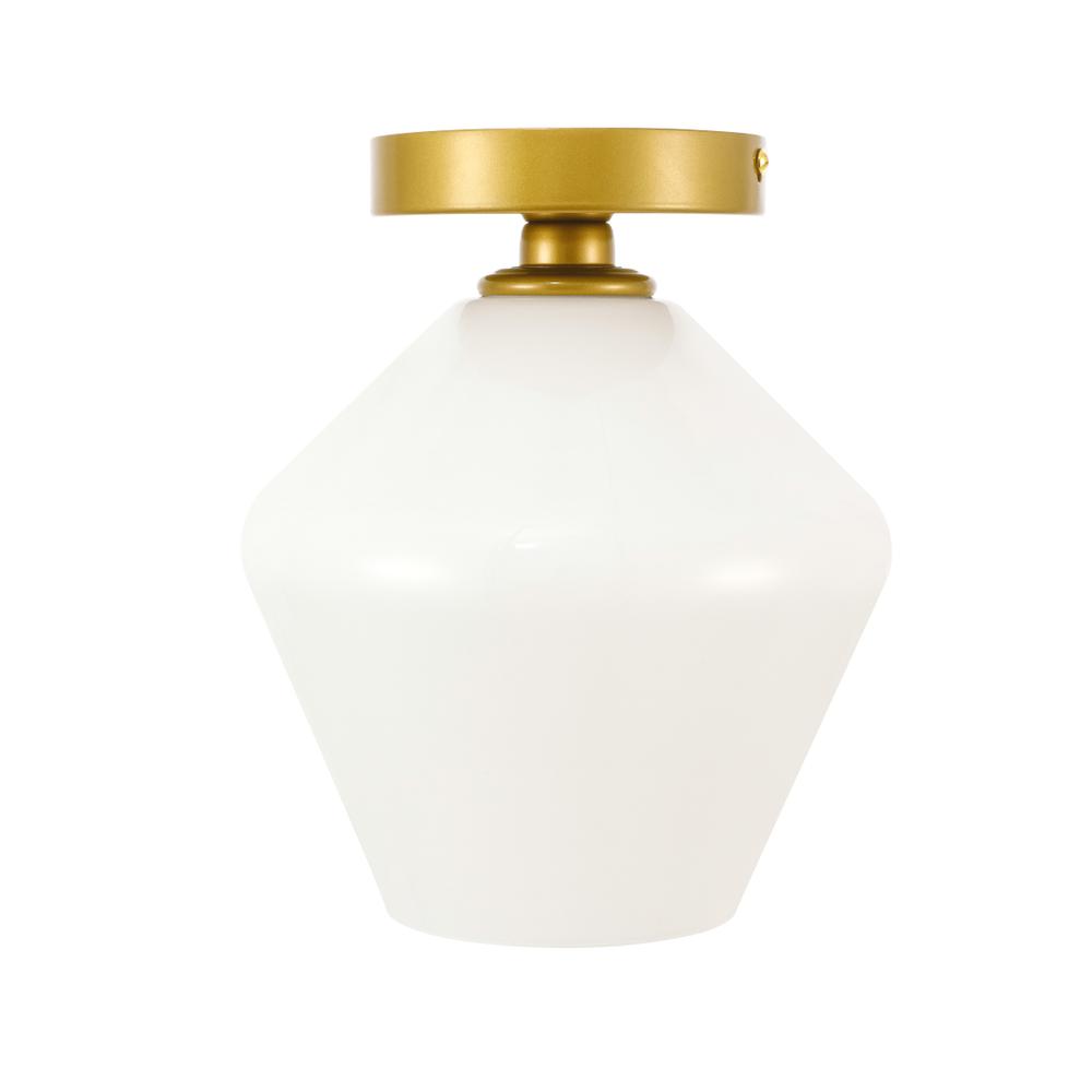 Gene 1 Light Brass And Frosted White Glass Flush Mount. Picture 2