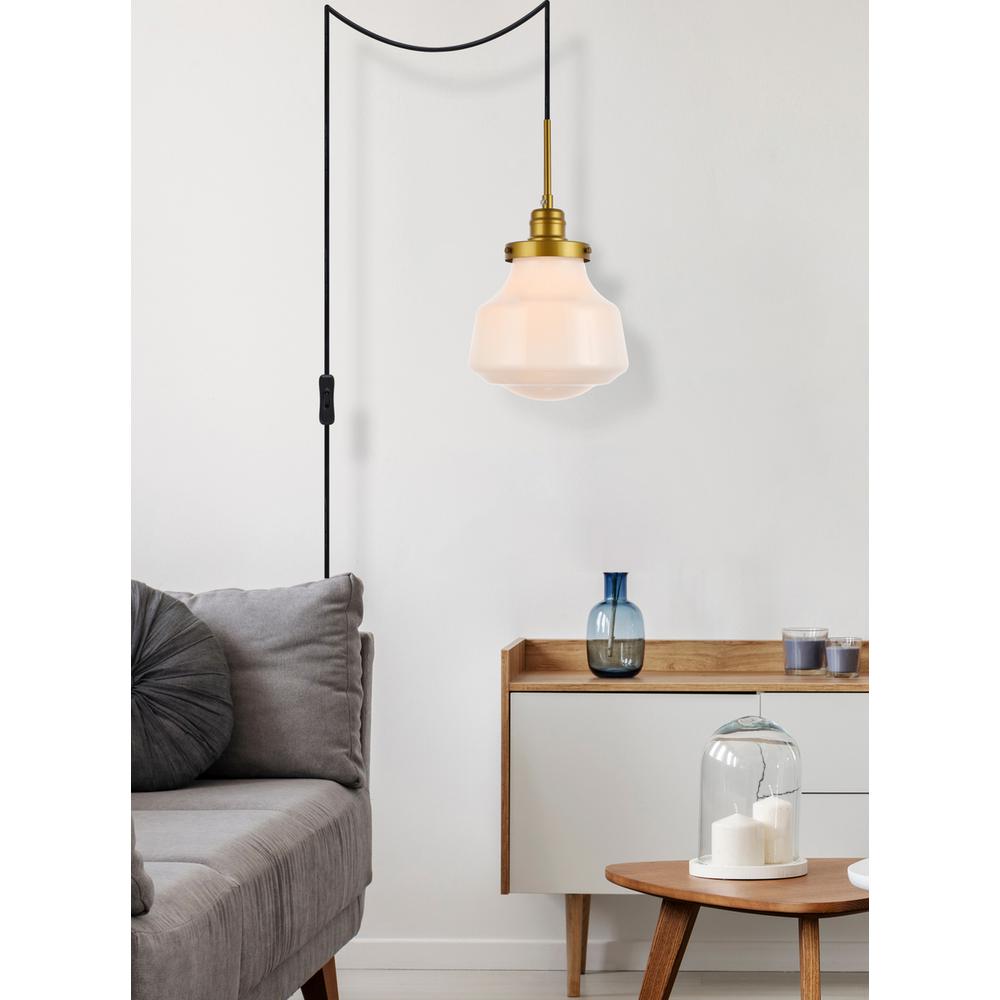 Lyle 1 Light Brass And Frosted White Glass Plug In Pendant. Picture 5
