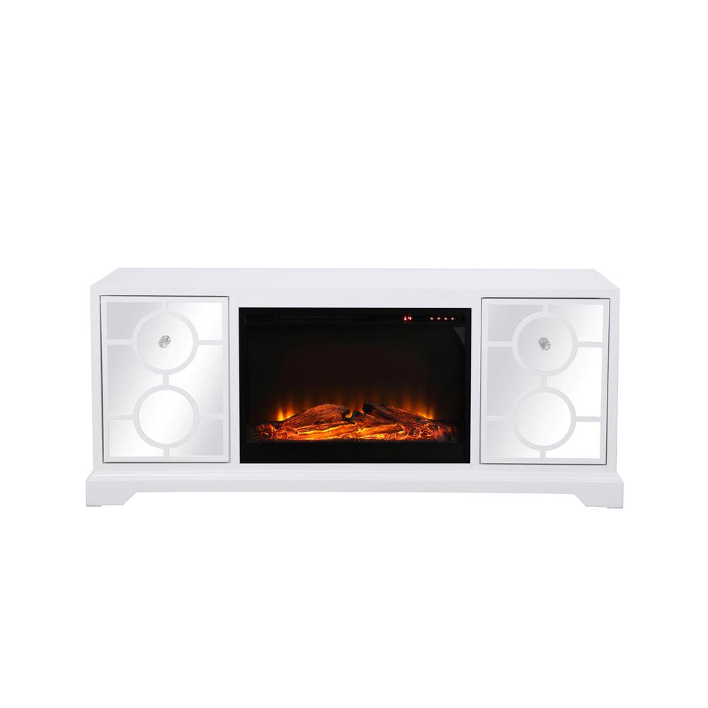 60 In. Mirrored Tv Stand With Wood Fireplace Insert In White. Picture 1