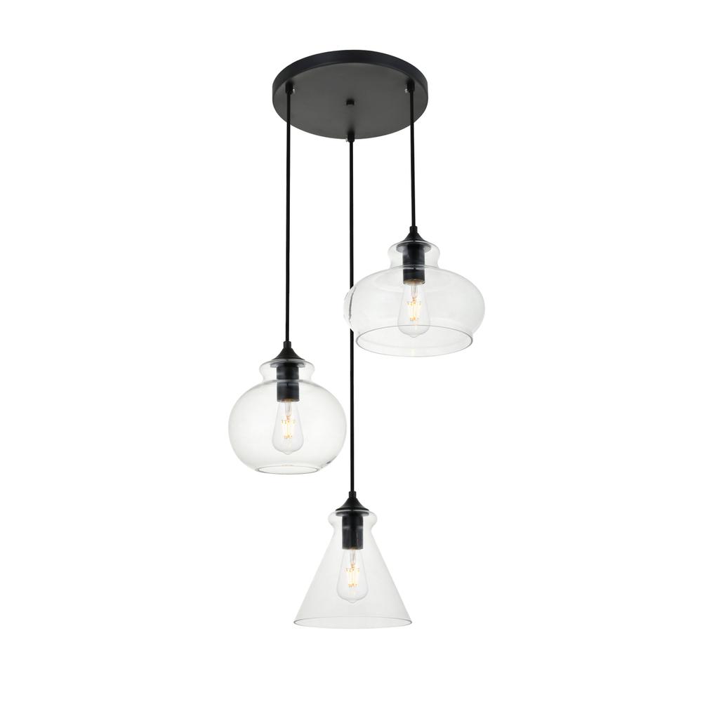 Destry 3 Lights Black Pendant With Clear Glass. Picture 1