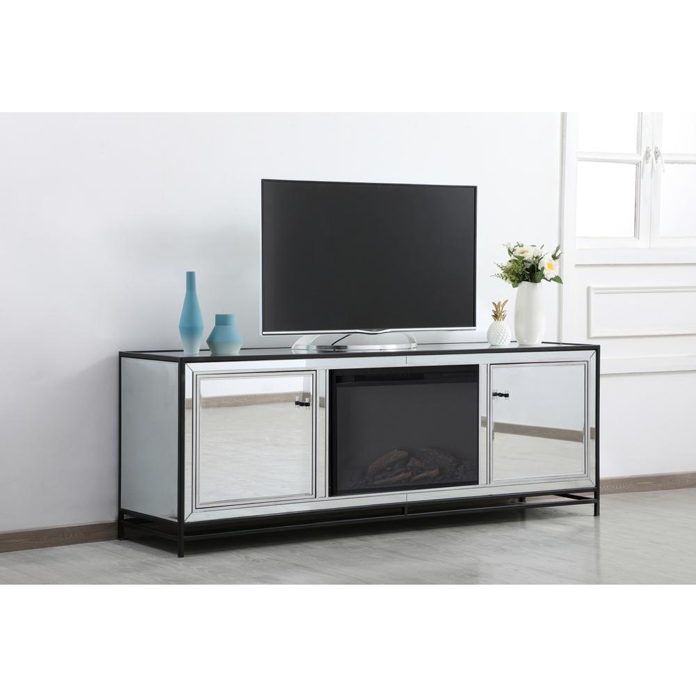 James 72 In. Mirrored Tv Stand With Wood Fireplace In Black. Picture 3
