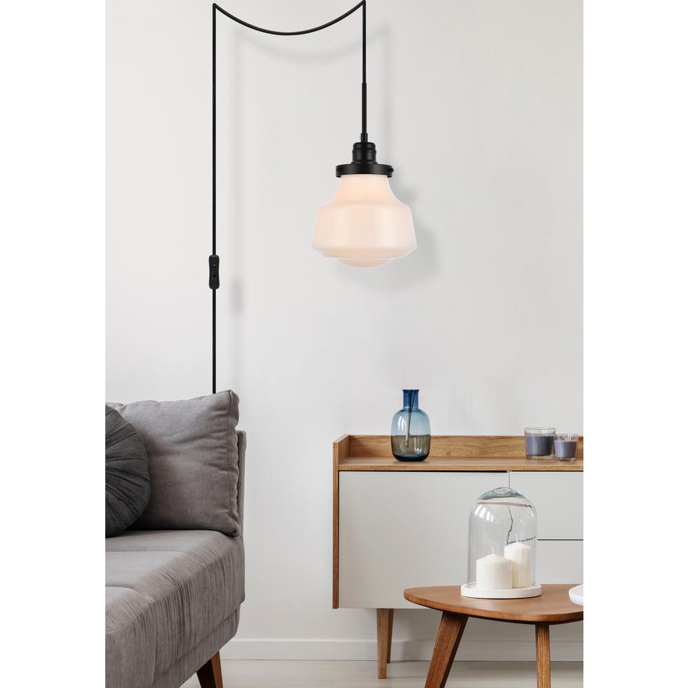 Lyle 1 Light Black And Frosted White Glass Plug In Pendant. Picture 5