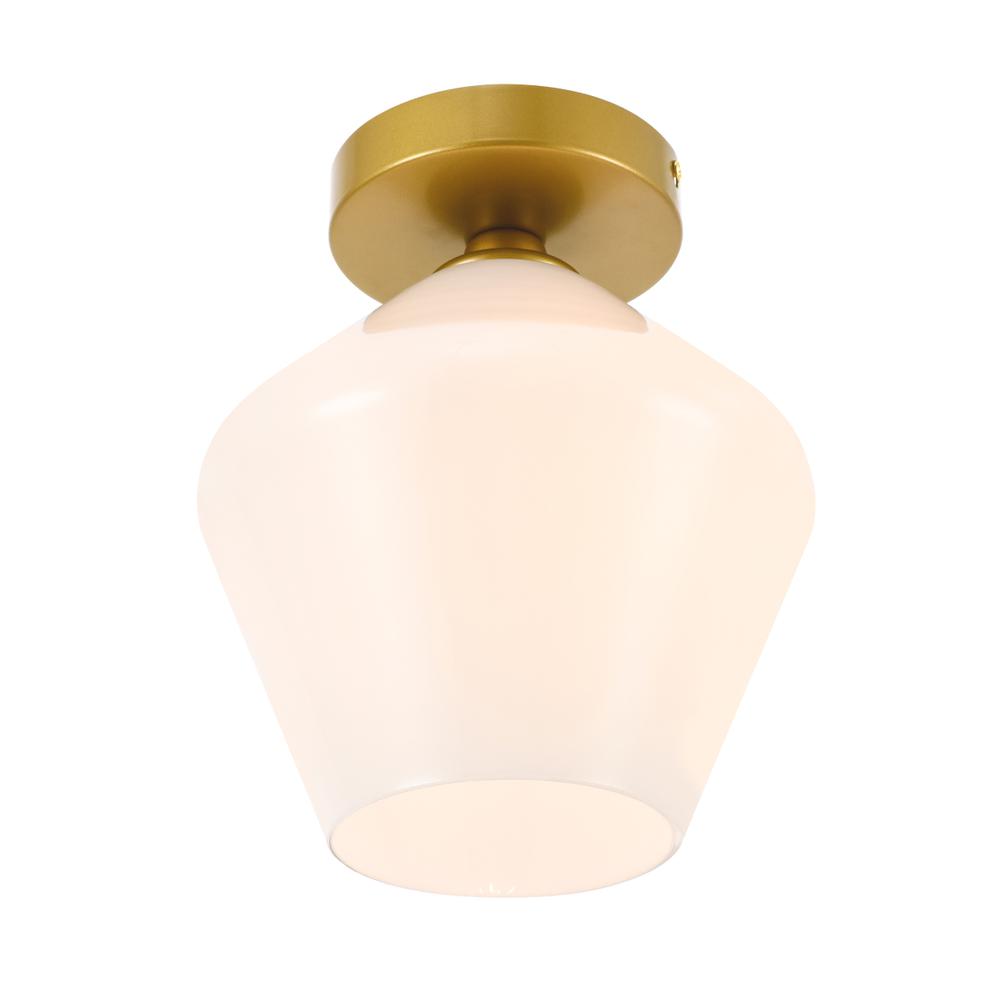 Gene 1 Light Brass And Frosted White Glass Flush Mount. Picture 7