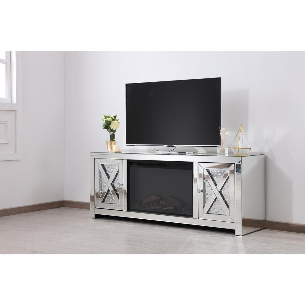 59 In. Crystal Mirrored Tv Stand With Wood Log Insert Fireplace. Picture 5