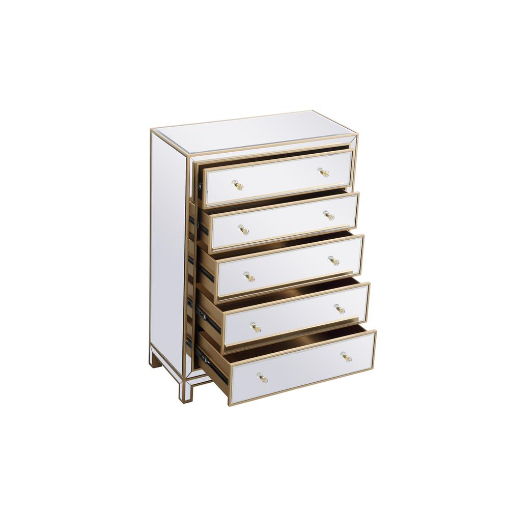 34 Inch Mirrored Five Drawer Cabinet In Gold. Picture 6